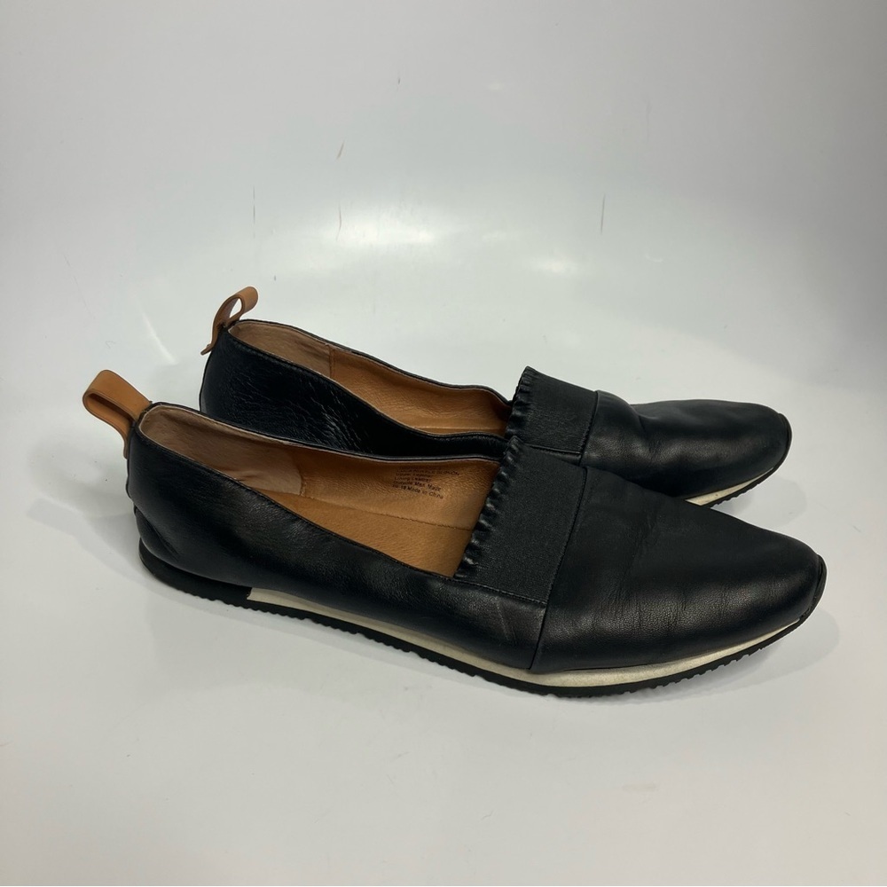 gentle souls Black Leather Slip-On Loafers with Tan Pull Tabs